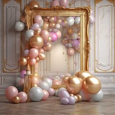 an image of balloons in front of a gold framed mirror with pink and white balls