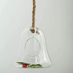 a glass bell hanging from a rope with a red berry on the bottom and green sprig