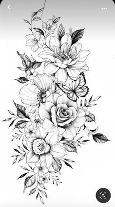 a black and white drawing of flowers