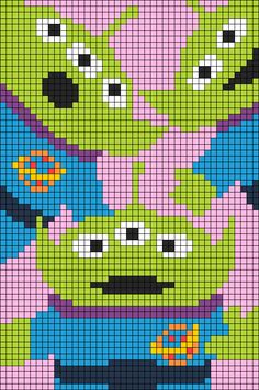 a cross stitch pattern with the faces of monsters in blue, green and purple colors