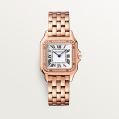 Cartier - Panthère de Cartier watch - Watch Woman Pink gold/Diamond - Panthère de Cartier watch, medium model, quartz movement. Case in rose gold 750/1000 set with brilliant-cut diamonds, dimensions: 27 mm x 36 mm, thickness: 6 mm, crown set with a diamond, silvered dial, blued-steel sword-shaped hands, rose gold 750/1000 bracelet. Water-resistant to 3 bar (approx. 30 meters). Cartier Panthere, Gold Watches Women, Christmas Gifts For Girlfriend, Forever Jewelry, Cartier Watch, Yellow Gold Setting, Gold Set, Luxury Watch, Steel Bracelet