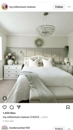 a white bed sitting in a bedroom on top of a carpeted floor next to a dresser