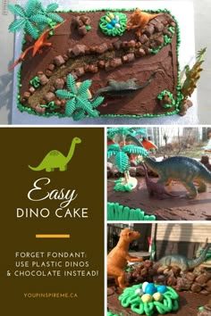 an easy dinosaur cake with fondant and chocolate icing