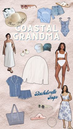 an advertisement for coastal grandma clothing and accessories on the beach with women in bathing suits