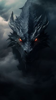 a dragon with red eyes is in the dark clouds and looks like it's coming out