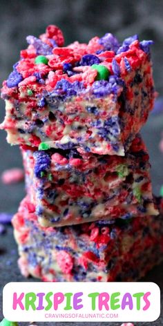 Three fruity pebbles krispie treats stacked on one another on a grey counter. Apple Jacks, Halloween Party Snacks, Fruity Pebbles, S'mores