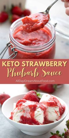 keto strawberry rhubarb sauce in a glass jar with strawberries on the side