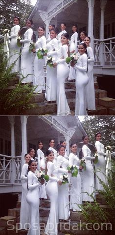 the bridesmaids in white dresses are posing for pictures on their wedding day, before and after they were married