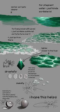 an info sheet showing how to paint the ocean with green and white colors, as well as