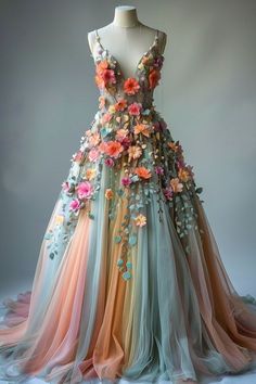 Rainbow Gown, Colorful Bride, Fairytale Clothing, Fairytale Ball, Gown Dress Design, Pastel Gown, Floral Gowns, Flower Gown, Unusual Dresses