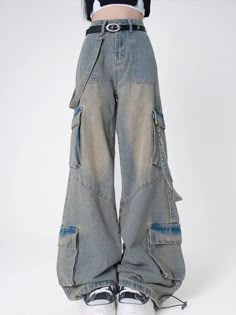 Color: blue, Size: S Wide Leg Cargo Jeans, American Street, Casual Pant, Streetwear Jeans, Cargo Jeans, Denim Trousers