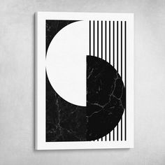 a black and white poster with a half circle on it's side, in front of a gray wall