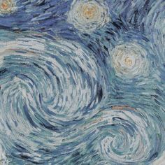 the painting is made up of blue and white swirls