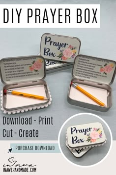 three small tins with flowers on them and the words prayer box written in blue ink