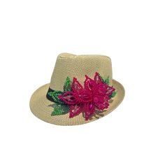 Panama hat / fedora straw hat decorated with a handmade beaded pearl tembleque flowers. This hat is perfect to cover yourself from the sun and show your Panamanian pride at the same time —- Very chic and cute style... will match all your outfits Summer Party Hats With Flower Shape, Flower-shaped Summer Party Hat, Flower Shaped Summer Party Hats, Handmade Toquilla Straw Panama Hat For Spring, Spring Handmade Panama Hat In Toquilla Straw, Handmade Flower Hats For Summer, Summer Flower Hats With Adjustable Fit, Adjustable Flower Hats For Summer, Summer Straw Hat With Adjustable Flower Shape