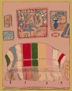 a drawing of a living room with couches and paintings on the wall