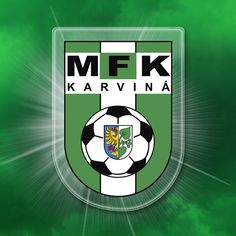 a soccer ball is in the center of a green and white shield with the words mek karvina on it