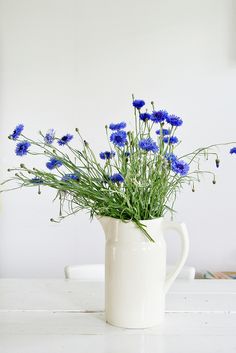 a white pitcher with blue flowers in it