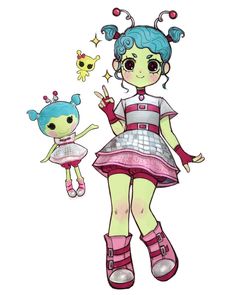 a drawing of a girl and her doll are in the same outfit as they stand next to each other