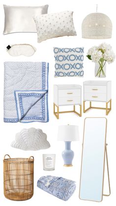 a collage of white and blue items including pillows, blankets, lamps, vases