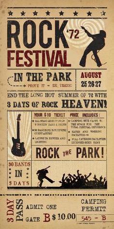 an old concert poster with the words rock festival in the park on it's back