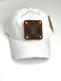 GG5a - White Distressed Dad Hat no pony Brown/Gold - Patches Of Upcycling Cheap Women's Hats With Letter Print, Cheap Trendy Streetwear Hats, Luxury Designer Hats With Logo, Luxury Fitted Leather Hat, Cheap Flat Crown Hats For Streetwear, Trendy Cheap Gold Hats, I Made 18k Selling This Hat, Cheap Trendy Gold Hats, Louis Vuitton White Hat