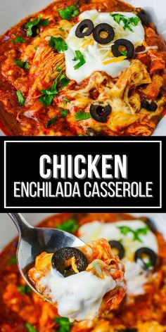 chicken enchilada casserole with black olives and sour cream on top