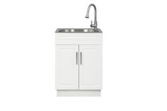 a white sink and cabinet with a faucet on the side, against a white background