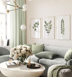 a living room filled with lots of furniture and flowers on top of a coffee table