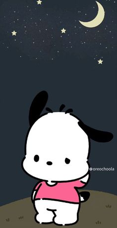 hello kitty is standing in the night sky with stars and moon above her, looking up at