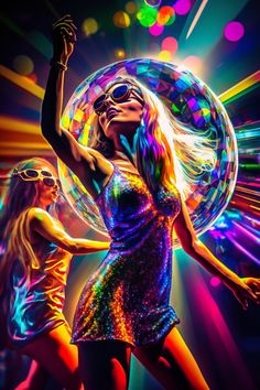 a woman in a disco dress is dancing with her hands up to the air and lights behind her