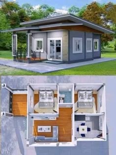 two pictures of small houses with one bedroom and the other living room in it's own