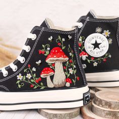 Custom Mint Converse Chuck Taylor Mushrooms Embroidered Converse Shoes/ Mushrooms Embroidered Converse Custom/Mushrooms Embroidered Sneakers 🌷 CONVERSE ∙ EMBROIDERED ∙ MUSHROOM 🌷 * Material: High-quality premium cotton embroidery thread, colorfast * Dimensions: Depending on your size choice, according to the US shoe size mentioned above * Finish: High-end embroidered shoes ∙ Sharp thread ∙ Colorfast * All shoes is custom made by hand with Love and Care in our workshop ♡ 🎀 P O I N T S ∙ O F ∙ Converse Mushroom, Mushroom Converse, Shoe Designs, Embroiled Converse, Mushroom Embroidered Converse, High Top Converse Embroidery, Mint Converse