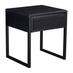 an end table with a drawer on one side and a shelf on the other hand