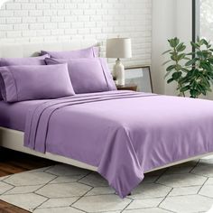 a bed with purple sheets and pillows in a room next to a plant on a white rug