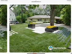 two pictures of the same house with different landscaping items in front and back yard area