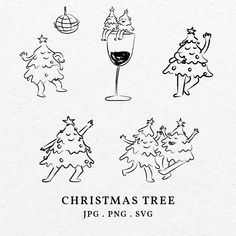 the christmas tree line art is drawn in black and white, with different designs on it