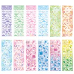 six different colors of watercolor stickers with bubbles on the bottom and one in the middle