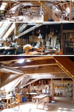 the inside of a wooden building with lots of work on it