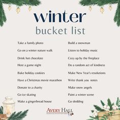 a winter bucket list with pine branches and presents