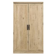 a wooden cabinet with two doors and handles