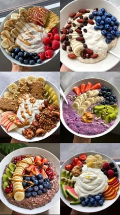 four pictures of different types of food in bowls and on separate plates, each with an individual's choice of toppings