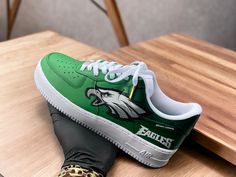 Custom Nike Air force 1s Philadelphia Eagles Themed - Kiauns Customs LLC Nike Air Force 1 Custom Ideas Men, Green Casual Custom Sneakers For Sports, Green Fade-resistant Custom Sneakers For Sports, Philadelphia Eagles Shoes, Philadelphia Eagles Sneakers, Philadelphia Eagles Sweater, Nfl Eagles, Eagles Sweatshirt Philadelphia, Lv Sneakers