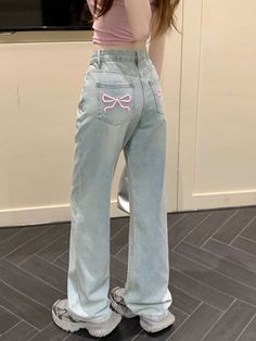 HOUZHOU Sweet Blue Jeans for Women Bow Embroidery Straight Denim Trousers Y2k Vintage Korean Style Blue Jeans For Women, Straight Jeans Outfit, Bow Embroidery, Denim Decor, Aesthetic Tiktok, Pants Fit, Bleach Wash, Jeans Casual, Ankle Length Pants