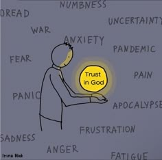 a drawing of a person holding a light bulb with words written on it that say trust in god