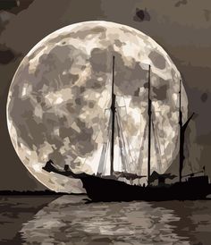 a boat floating in the water under a full moon