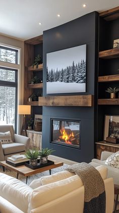 A stylish shiplap fireplace design enhancing a cozy living room ambiance. Cozy Modern Living Room With Fireplace, Family Room With Accent Wall, Gas Linear Fireplace With Tv Above, Fireplace Walls With Tv, Navy Fireplace Wall, Dark Shiplap Fireplace, Small Fireplace Living Room, Fireplace Focal Point Living Room, Wood Burning Fireplace Living Room