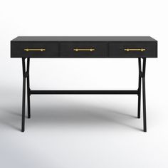 a black and gold desk with two drawers on one side, against a white background