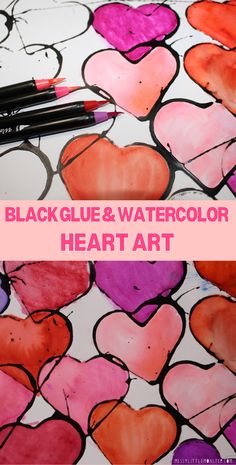 black glue and watercolor heart art for valentine's day