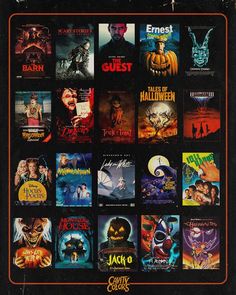 the poster for halloween movies is shown in black and orange colors with an orange border around it